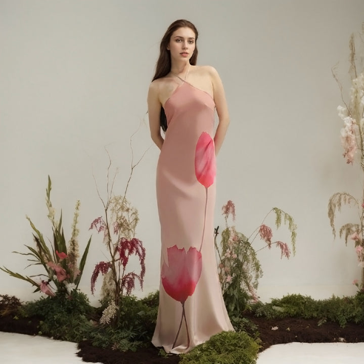 Dame Elegant Maxikjole med asymmetrisk Udsnit og blomsterdesign Stilla