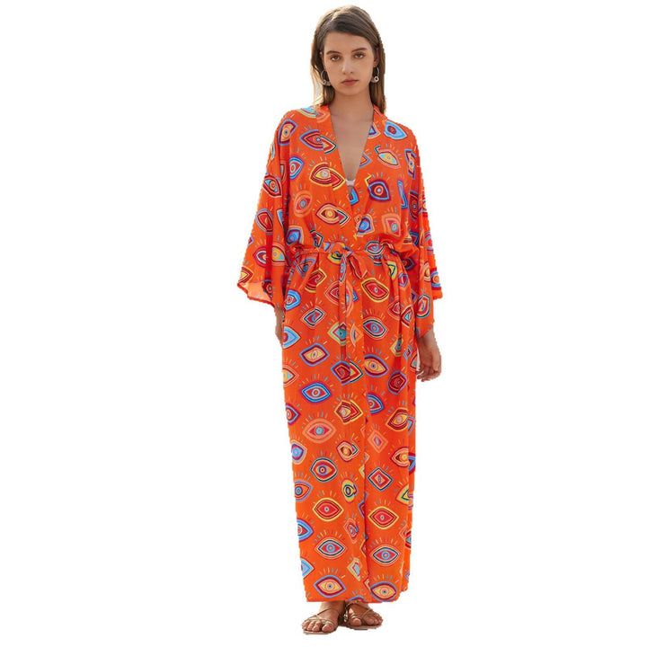 Dame kimono kjole med farverigt mønster og taljerbart design Stilla