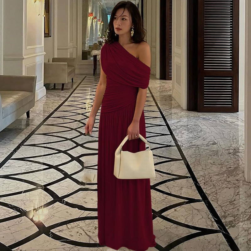Dame Elegant asymmetrisk maxikjole med draperinger Skovae