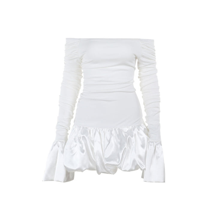 Dame Off-Shoulder Rynket Mini Kjole med Klokkeærmer Stilla