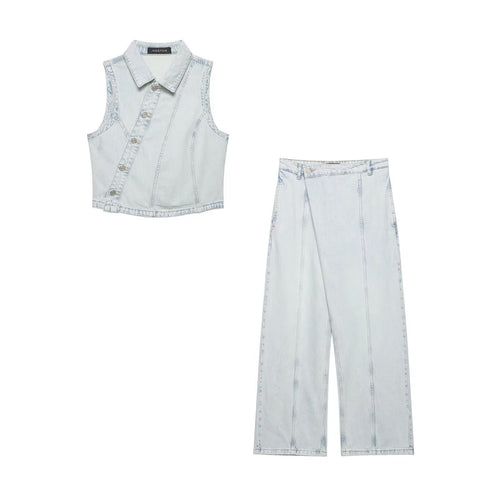 Dame bred Denim-bukser med høj talje og asymmetrisk snit Skovae