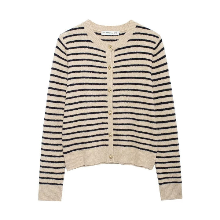 Femme Stribet Knap-Op Strikcardigan Stilla