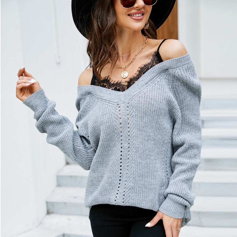 Dame Off-Shoulder Strikpullover med dekorativ hulmønstring Stilla