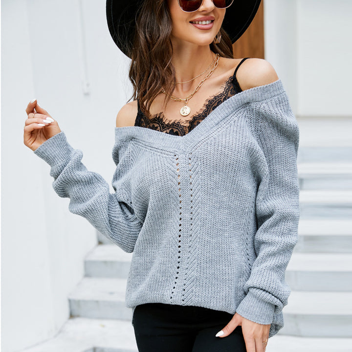 Dame Off-Shoulder Strikpullover med dekorativ hulmønstring Stilla