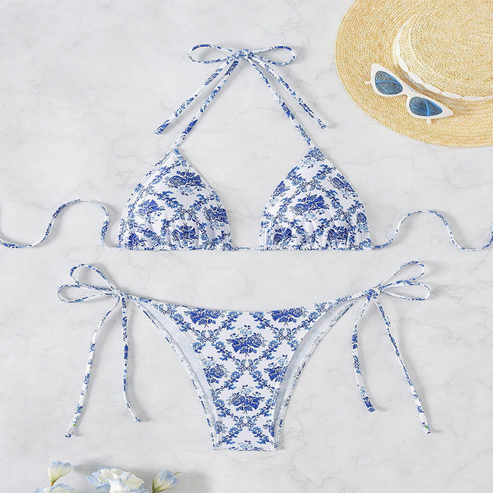 Dame triangel-bikini med justerbare bånd og blomsterdesign Skovae
