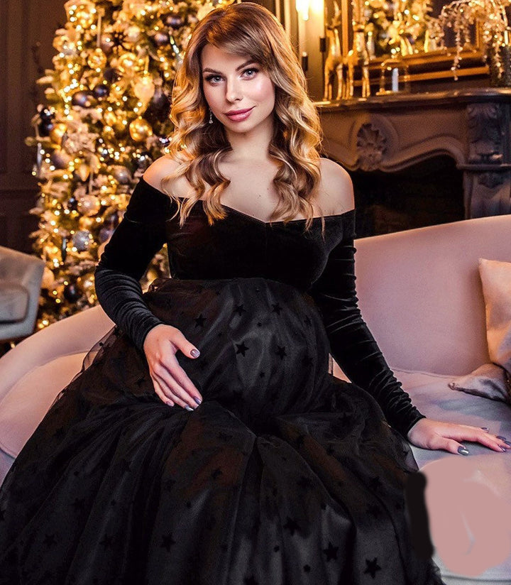 Dame Off-Shoulder Samt Tüll Graviditetskjole Stilla