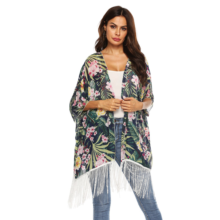 Dame elegant Strandkimono med frynset accenter og blomsterdesign Stilla