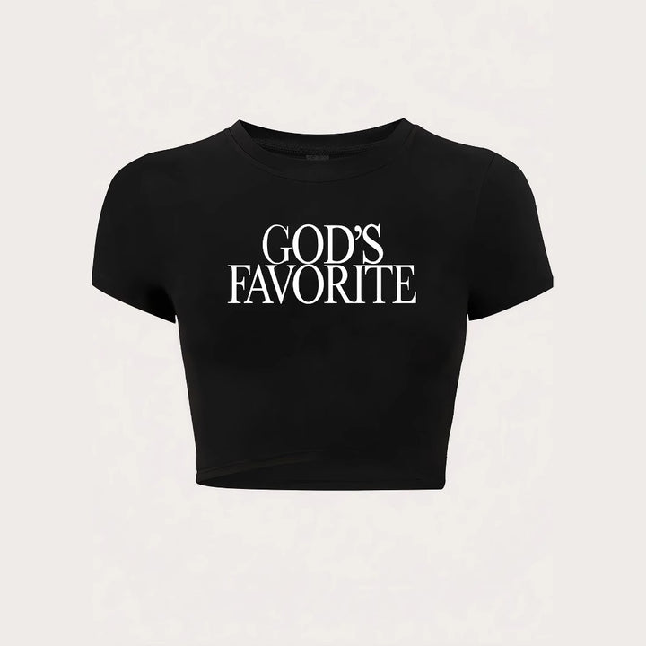 Dame Crop-T-Shirt med kunstnerisk skrift Skovae