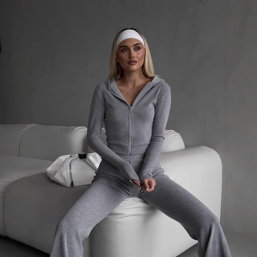 Kvinders fashionable zip hoodie og sporty leggings sæt Skovae