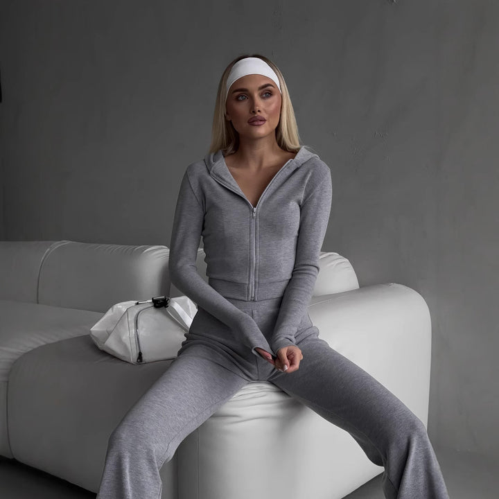 Kvinders fashionable zip hoodie og sporty leggings sæt Skovae