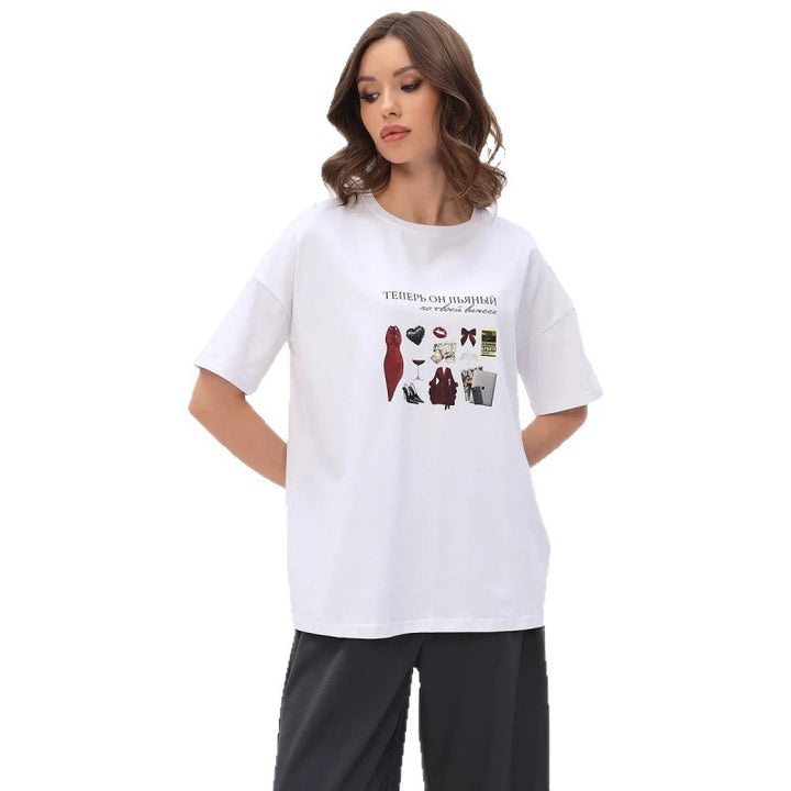 Dame T-shirt med kreativ grafiktryk og afslappet oversized skæring Stilla