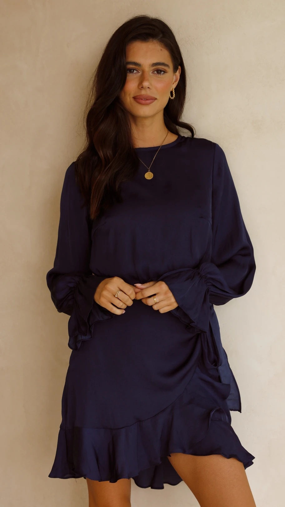 Women's wrap dress with swinging ruffle sleeves and elegant waist tie Skovae
