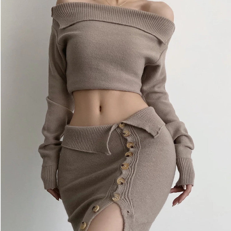 Dame Off-Shoulder Grovstrik Pullover og knaplukket Nederdel Sæt Stilla