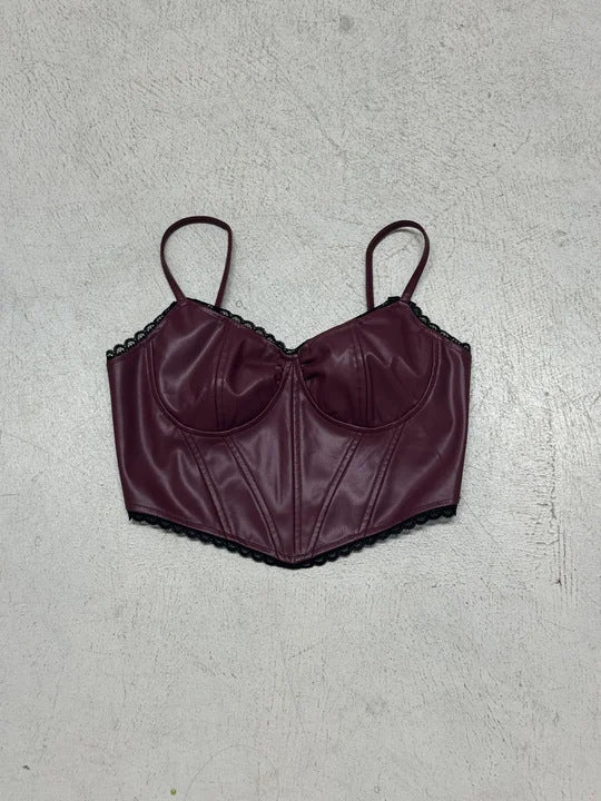 Dame Syntetisk Læder-Bustier-Top med elegant Blondekant Skovae