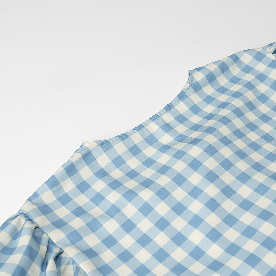 Dame Rüschenshirt med ternet mønster og romantisk bånd Stilla