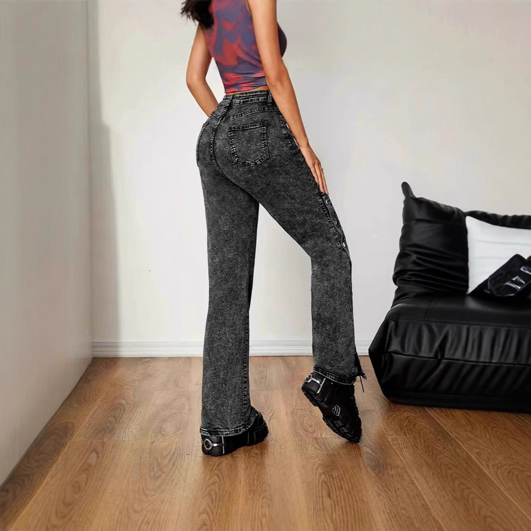 Dame Højtaljede Løse Denim-Bukser med Sidelæns Knapper Stilla