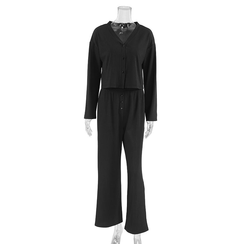 Dame afslappet Lounge-sæt med cropped bluse og bredt skårne bukser Stilla
