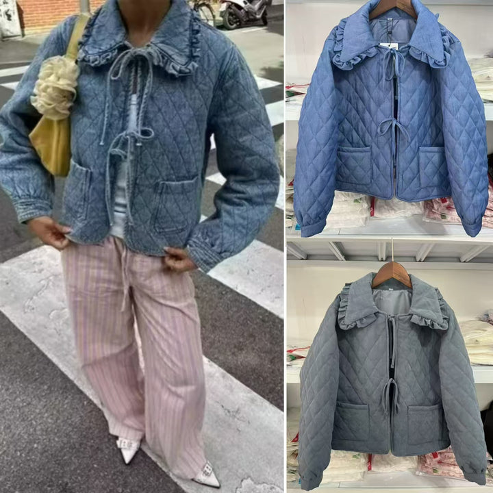 Femme quilted oversized jakke med ruffle krave Stilla