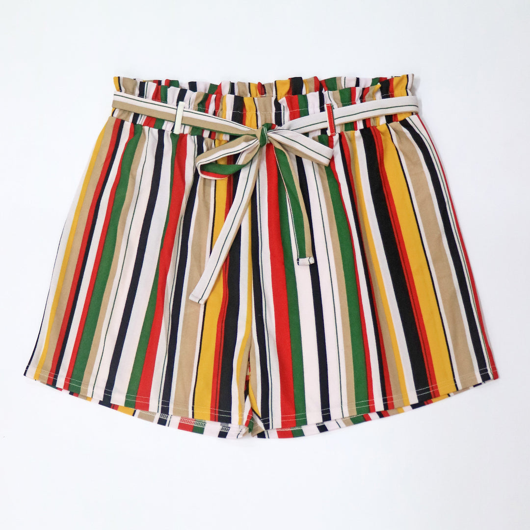 Dame Relaxed Fit Stribede Shorts med Justerbar Talje Knuet Stilla