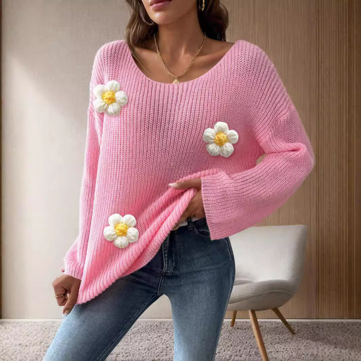 Kvinders strikket sweater med blomster 3D-design og brede ærmer Stilla