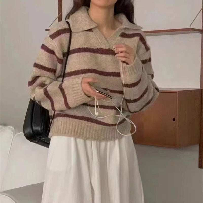 Kvinder Elegant Sweater med Stribet Mønster og Krave Stilla