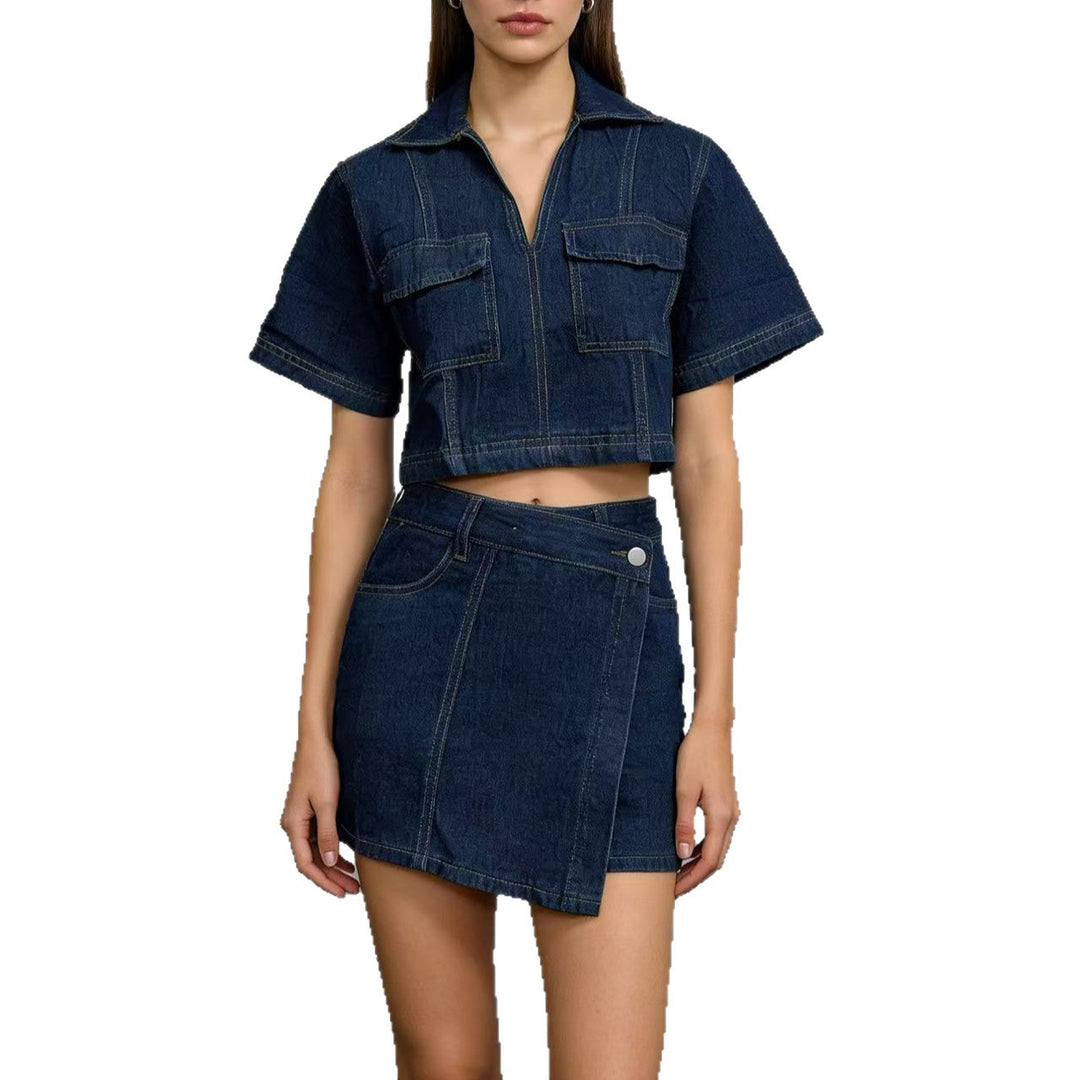 Dame stilfuld cropped skjorte med påsyede lommer og afslappede shorts Skovae