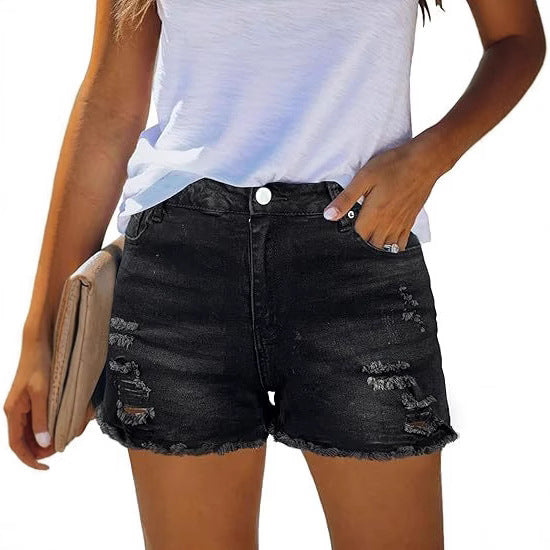 Dame Distressed Denim-Shorts med frynset kant og afslappet look Stilla