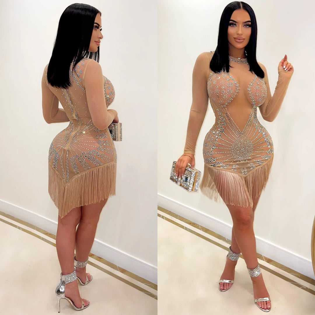 Dame Strass-besat Transparent Mini Kjole Stilla
