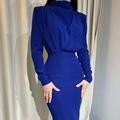 Dame Elegant Langærmet Maxi-Kjole med raffineret drapering og høj krave Skovae