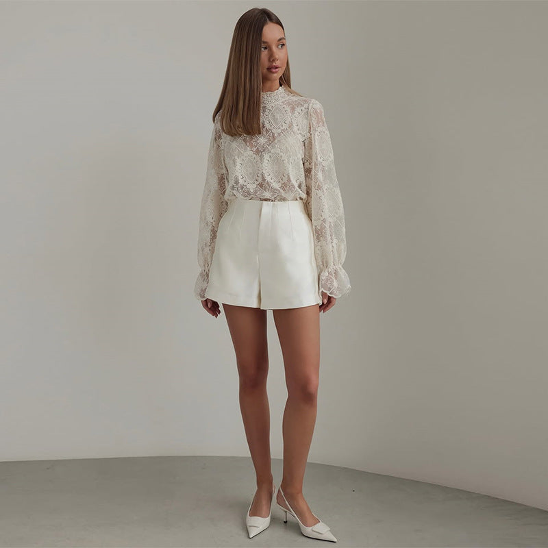 Dame blonde bluse med høje ærmer og fransk krave Stilla