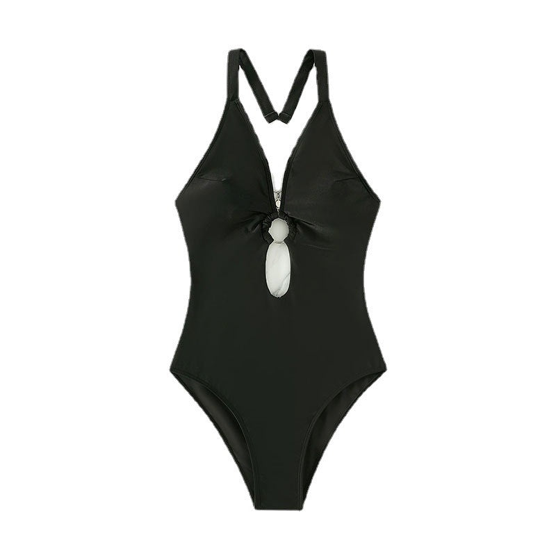 Dame One-Piece Badedragt med dyb V-hals og moderne knude