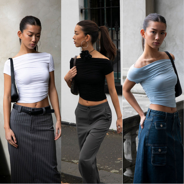 Dame tætsiddende overdel med off-shoulder design og rynkning Skovae
