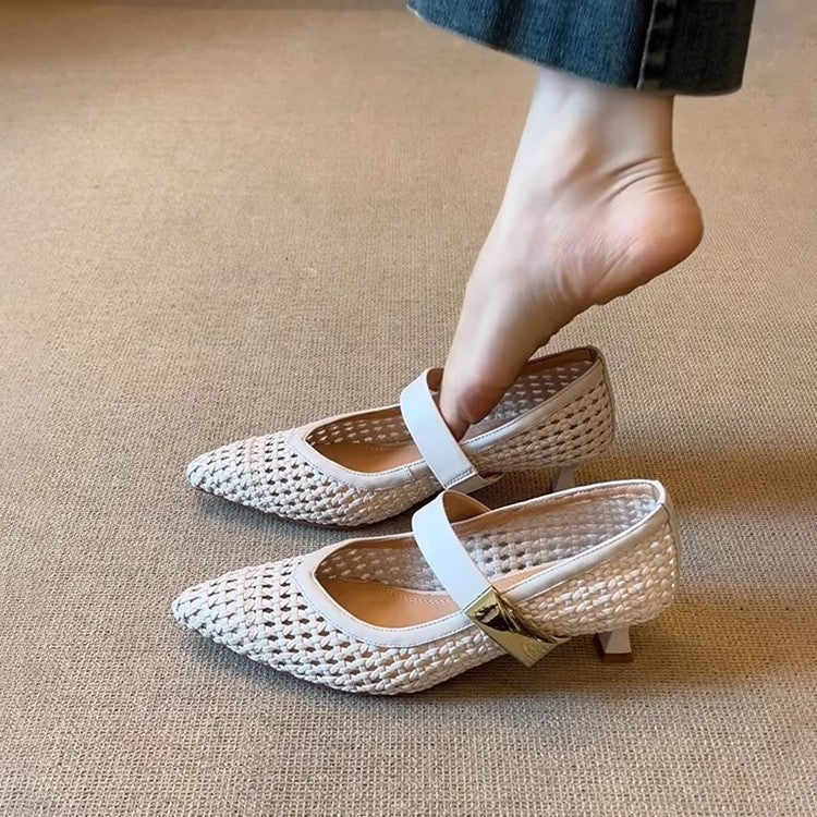 Dame Woven Spids Tå Mary Jane Flats med justerbar rem Stilla