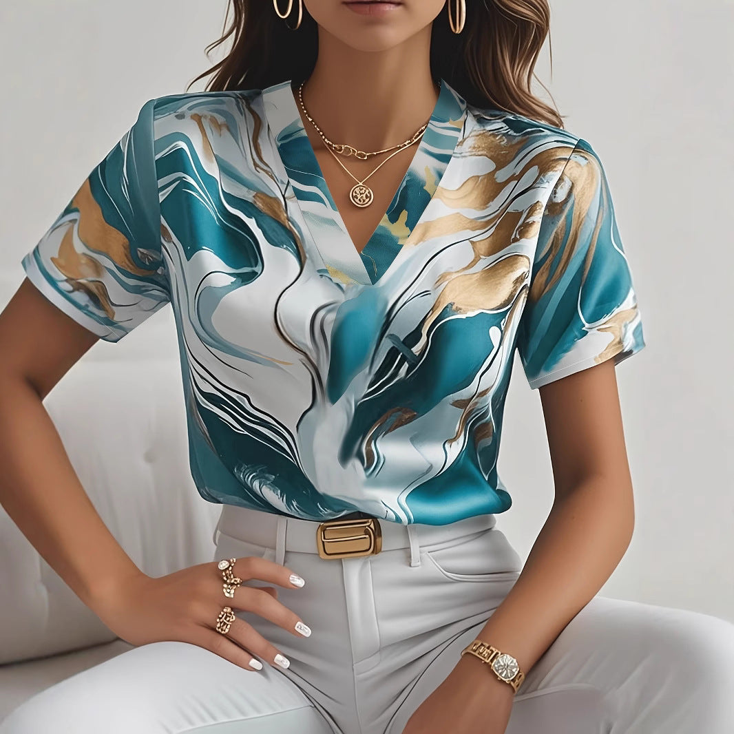 Dame Viskosebluse med elegant Marmor-stil og V-udskæring Stilla