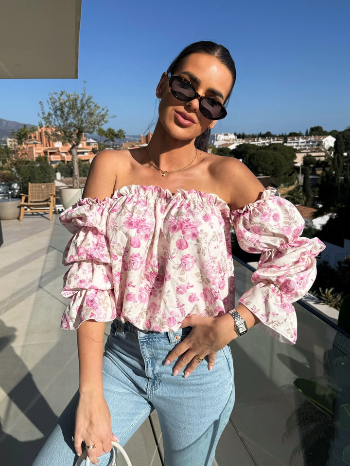 Damer Off-Shoulder Bluse med voluminøse puffærmer og floralt design Stilla