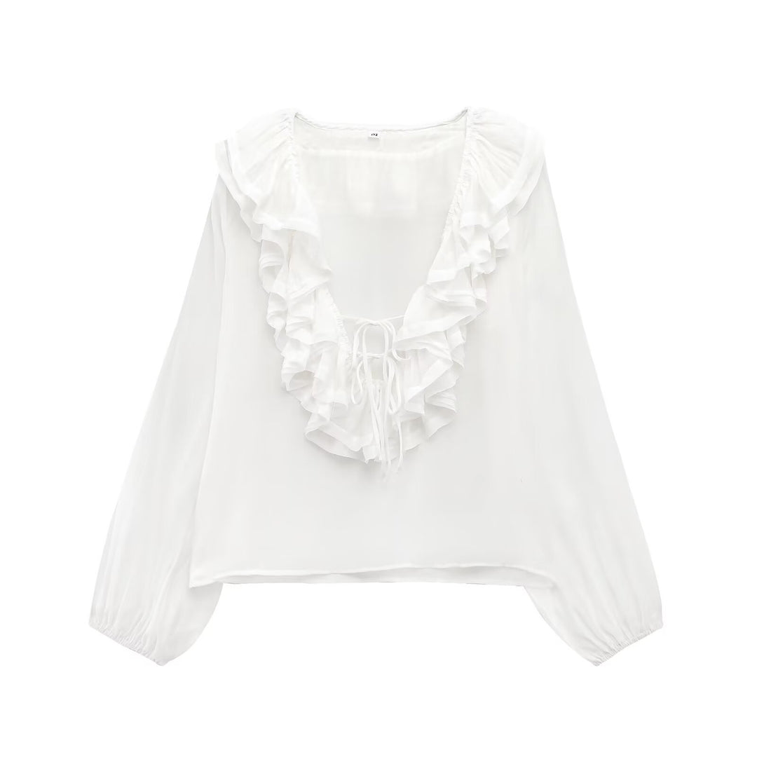 Femme Rynk Off-Shoulder Bluse med Snøre Detalje Stilla