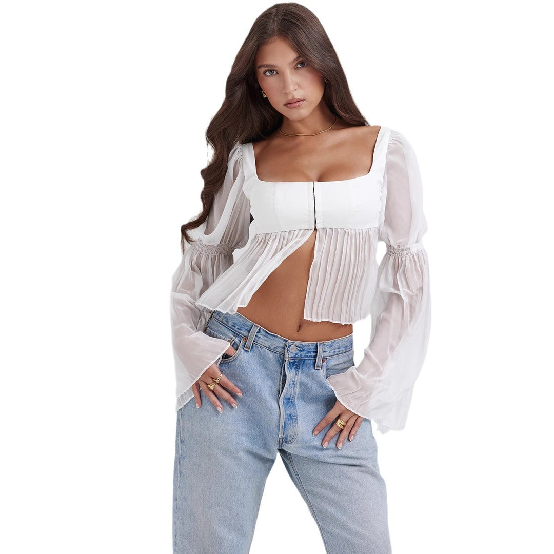 Dame Crop Bluse med Puffærmer Skovae
