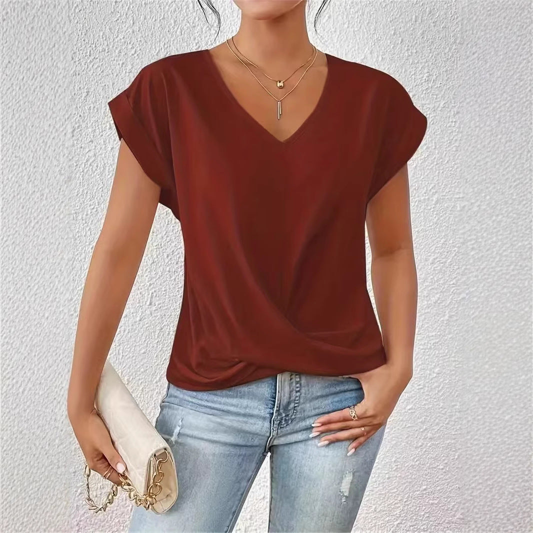 Damer elegant V-udskæring bluse med afslappet drapering Skovae