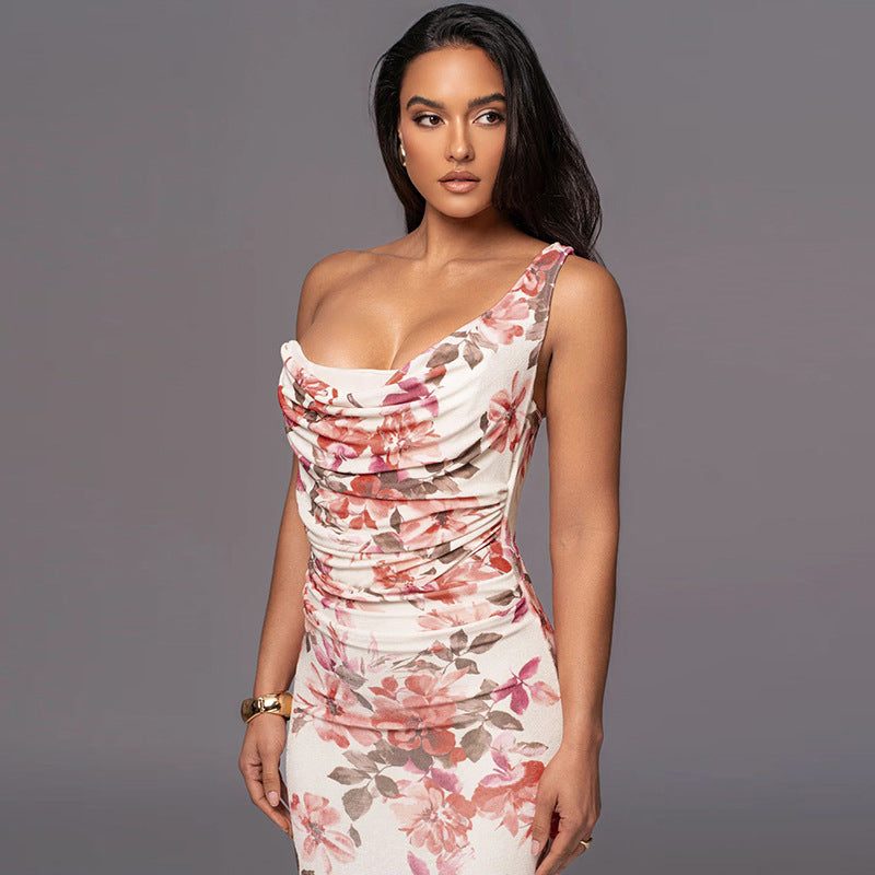 Dame Blomster Cowl Neck Bodycon Kjole Stilla