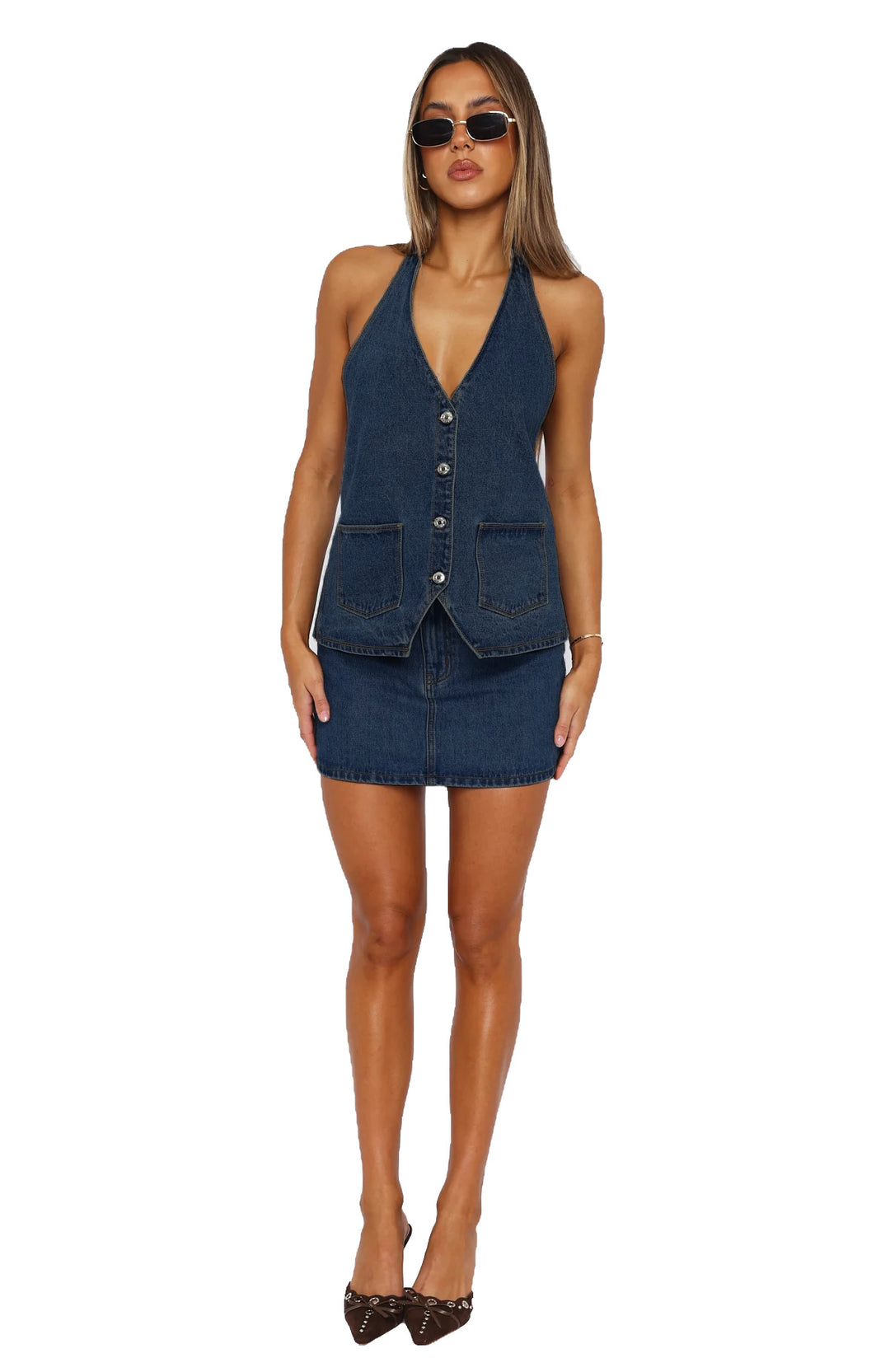 Dame Denim-kjole med ærmeløs design og praktiske lommer Skovae