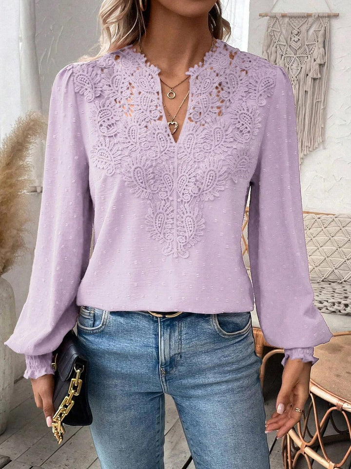 Dame elegant bluse med hulbroderi og voluminøse ærmer Stilla