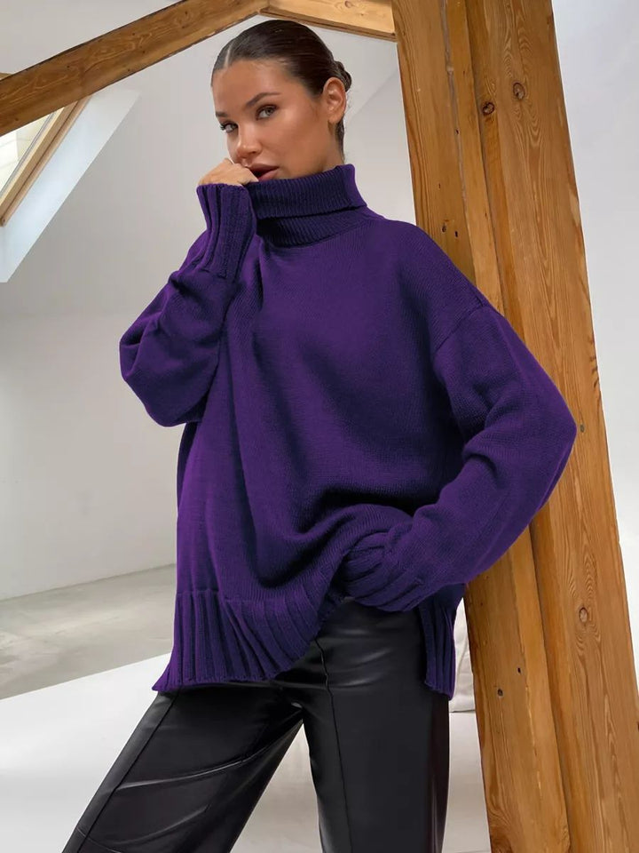 Dame Oversized Strikpullover med høj krave og sidelæringer Stilla