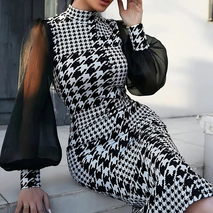 Dame Elegant Jumpsuit med transparente puffærmer og houndstooth mønster Stilla