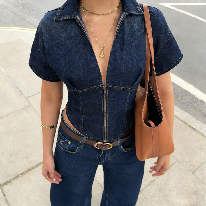 Dame modejeansskjorte med korte ærmer og frontlynlås Skovae