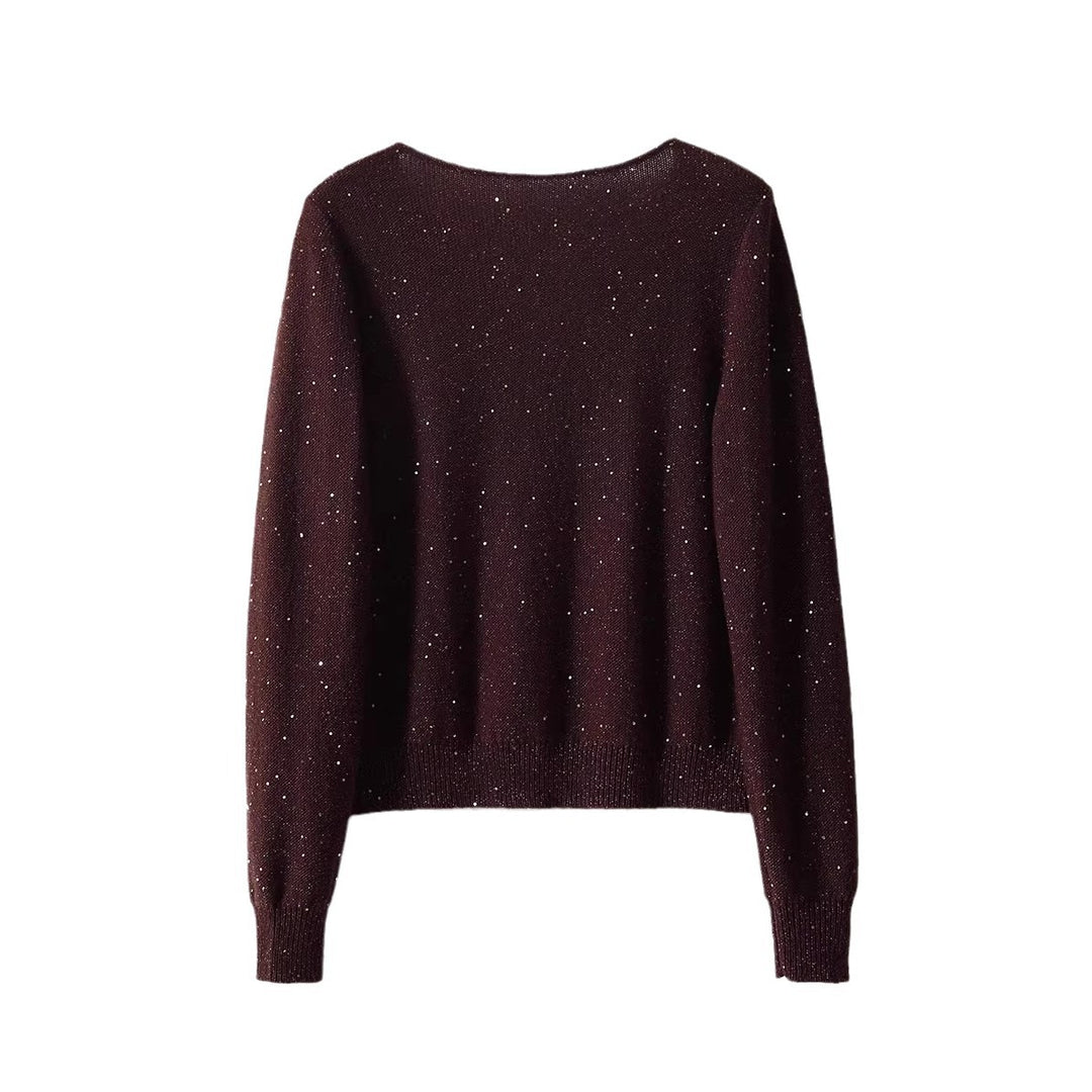 Dame elegant strikpullover med V-hals og funklende accenter Stilla