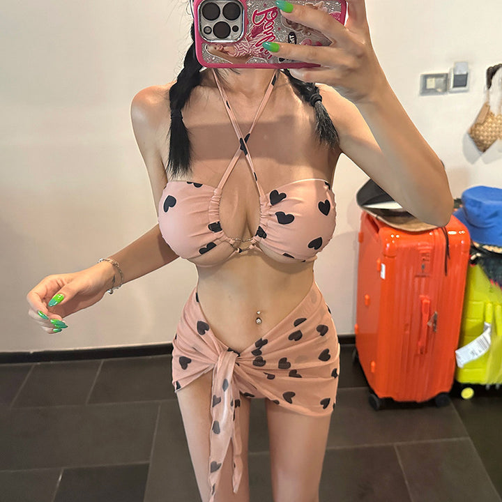 Femme Hjerteprint Bikini-sæt med flydende Nederdel Stilla
