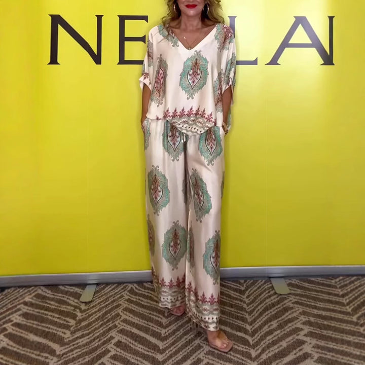 Dame næt to-delt satin lounge sæt med V-hals, løse kimono ærmer og brede palazzo bukser i paisley medaillonprint skovae