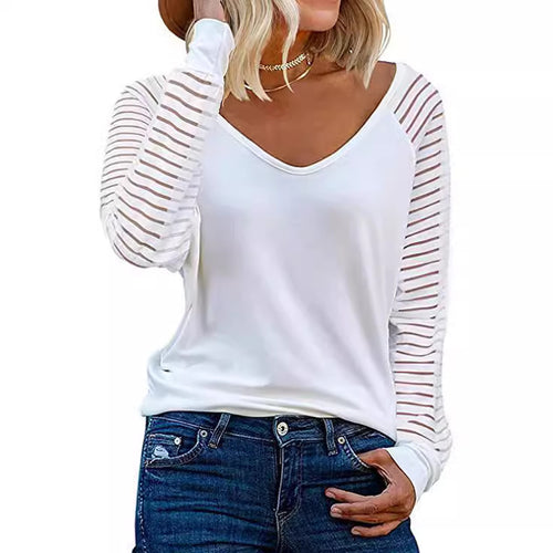 Dame V-hals top med transparente stribearm Stilla