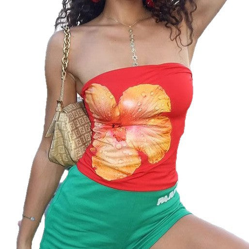Dame Bandeau-top med stilfuldt blomsterprint og elastisk kant Skovae