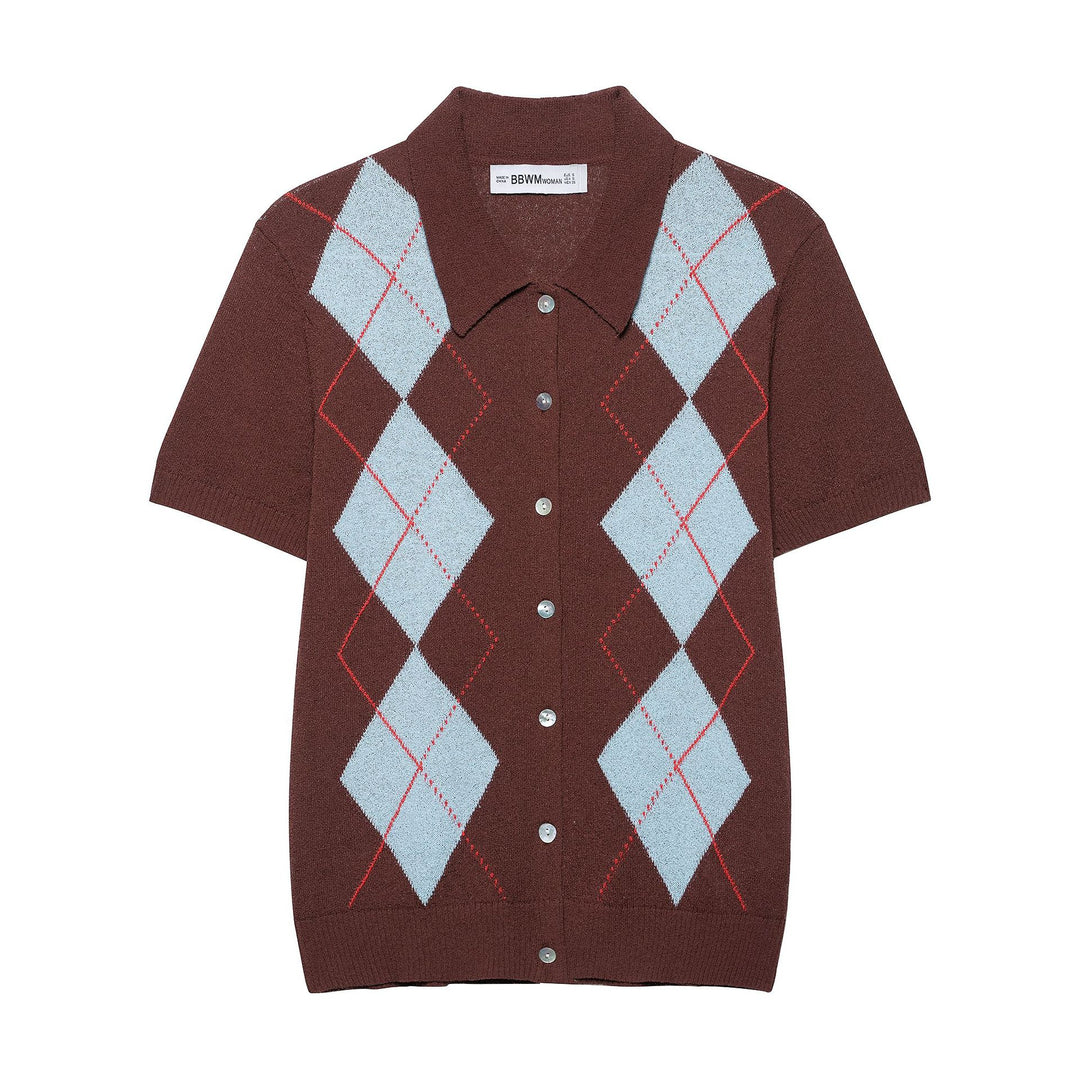 Femme Kortærmet Argyle Strik Button-Up Skjorte Stilla